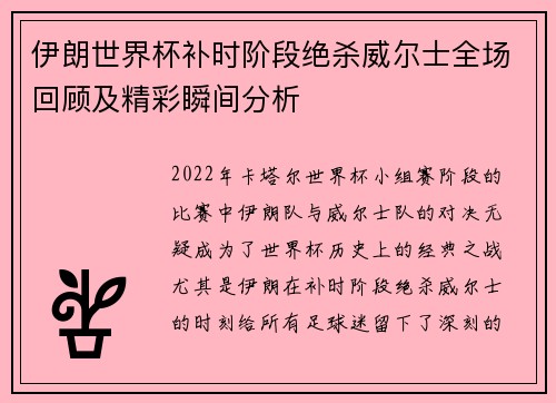 伊朗世界杯补时阶段绝杀威尔士全场回顾及精彩瞬间分析 伊朗世界杯补时阶段绝杀威尔士全场回顾及精彩瞬间分析